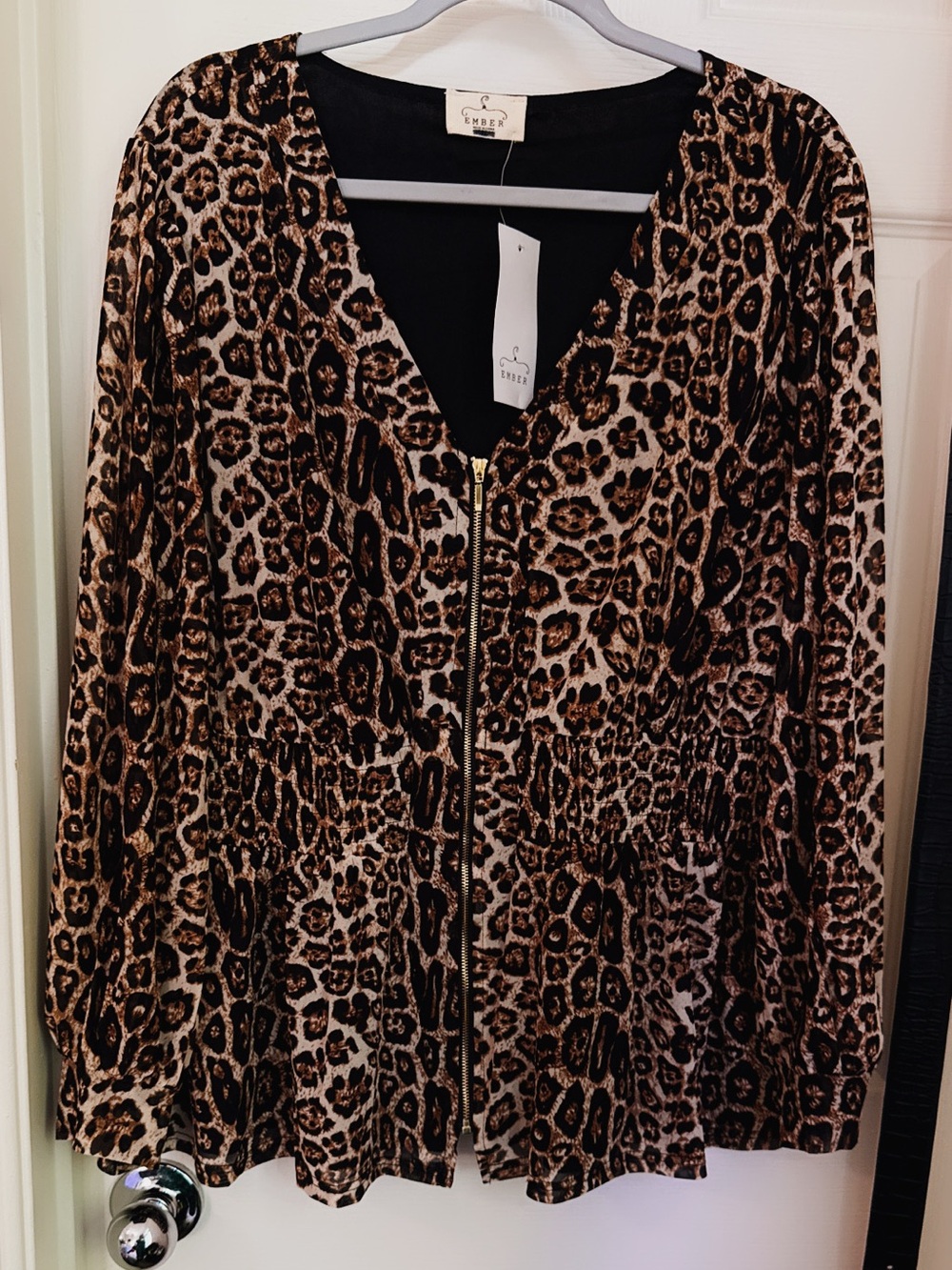 Mesh Ember Leopard Zip-Front Blazer Jacket - Brown